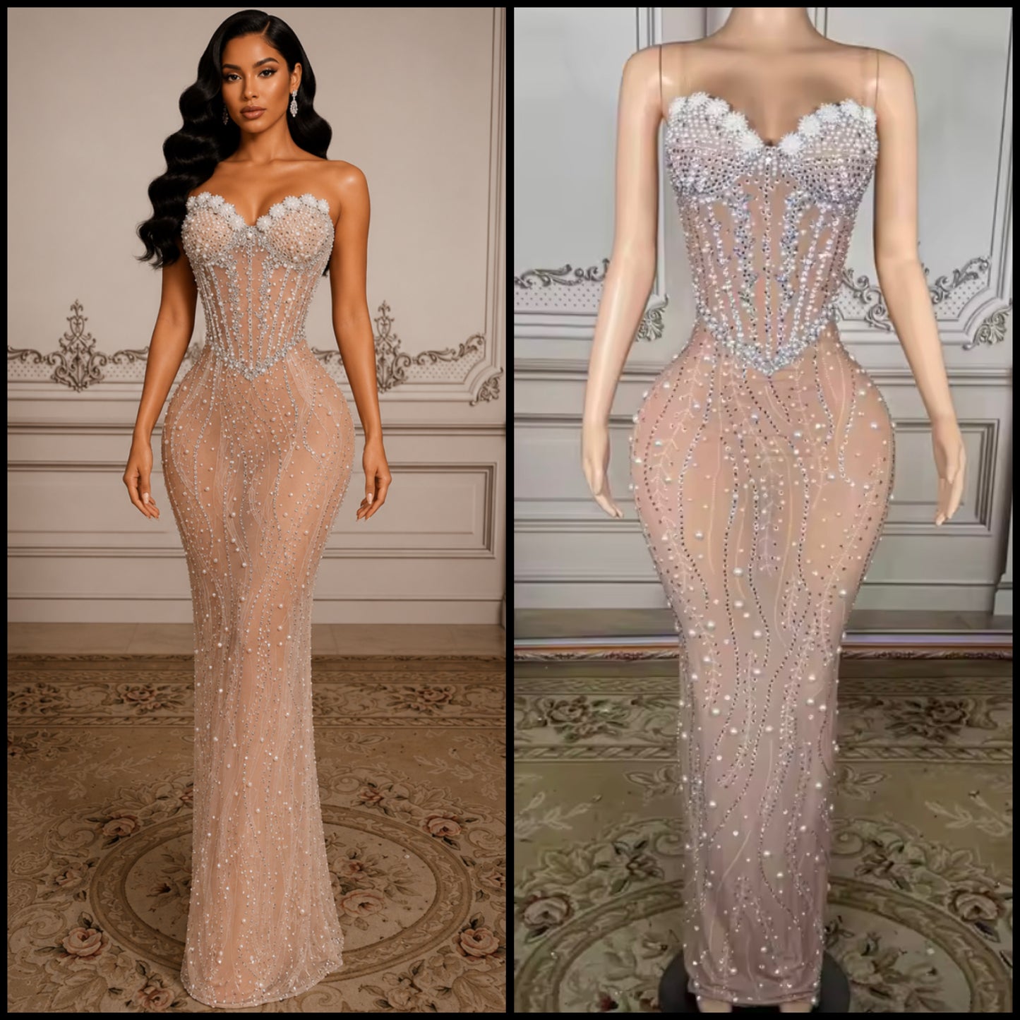 Sexy Sleeveless Beaded Rhinestone See Through Maxi Dress