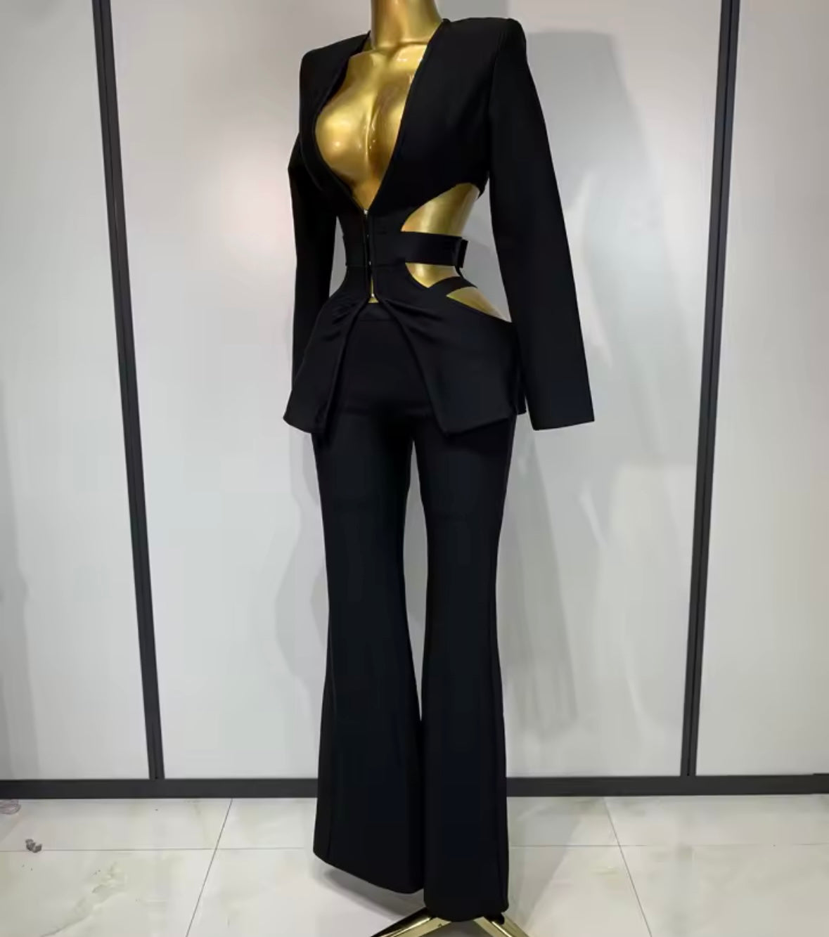 Black Sexy Hollow Out Full Sleeve Blazer Pant Set