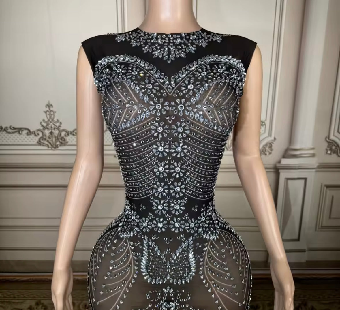 Sexy Sleeveless Black Rhinestone Embellishment Maxi Dress