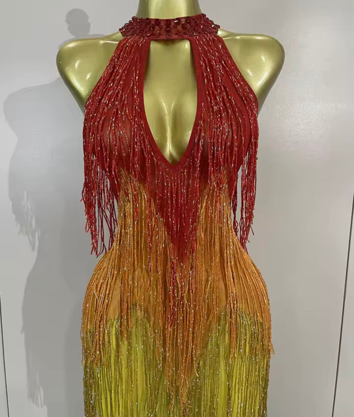 Sexy Halter Sleeveless Colorful Rhinestone Fringe Tassel Maxi Dress