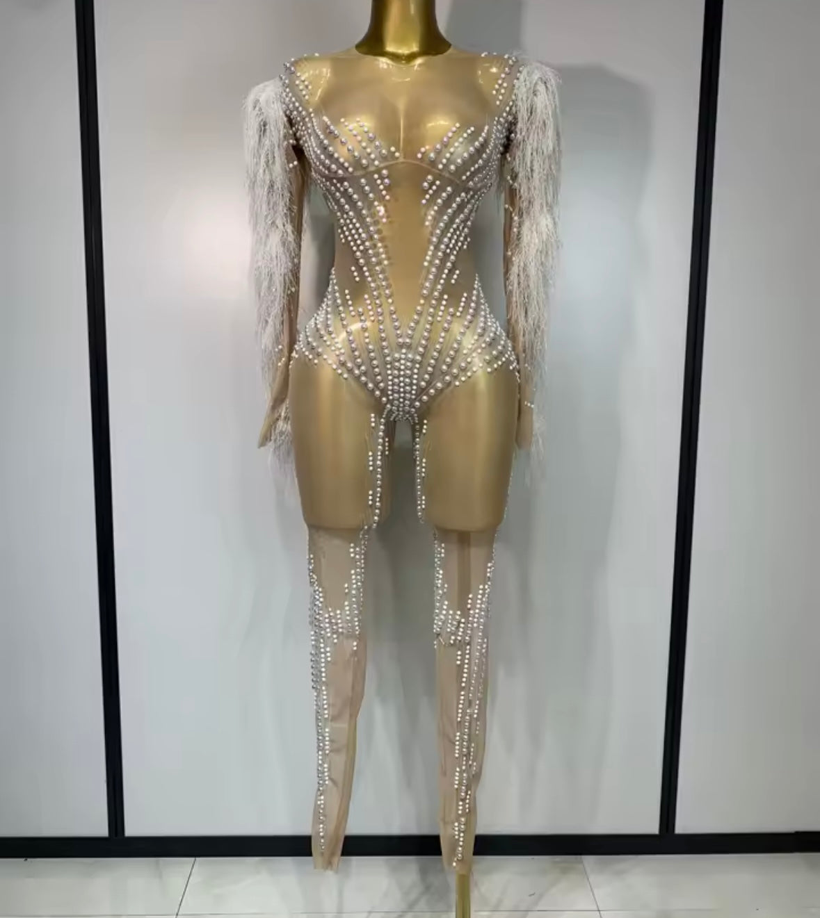 Sexy Pearl Feather Full Sleeve See Through Jumpsuit