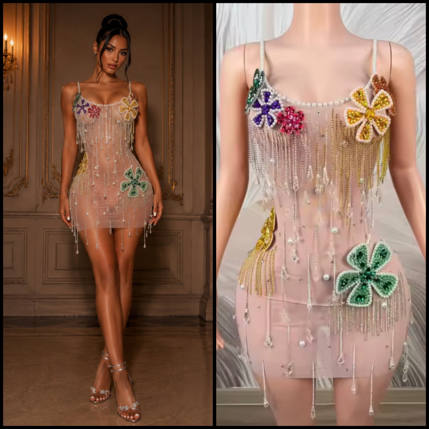 Sexy See Through Beaded Crystal Floral Tassel Dress