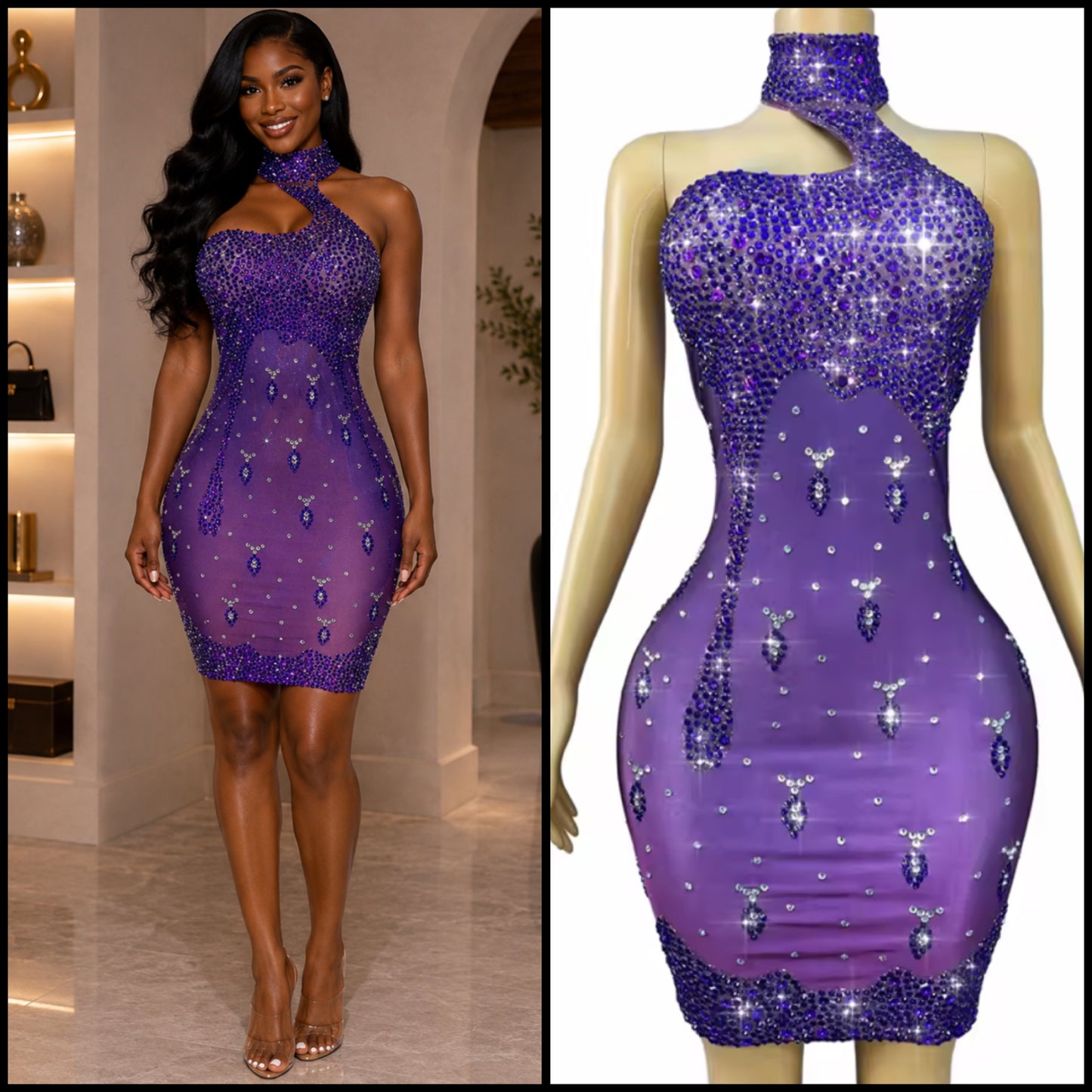 Purple Sexy Halter Sleeveless Rhinestone Dress