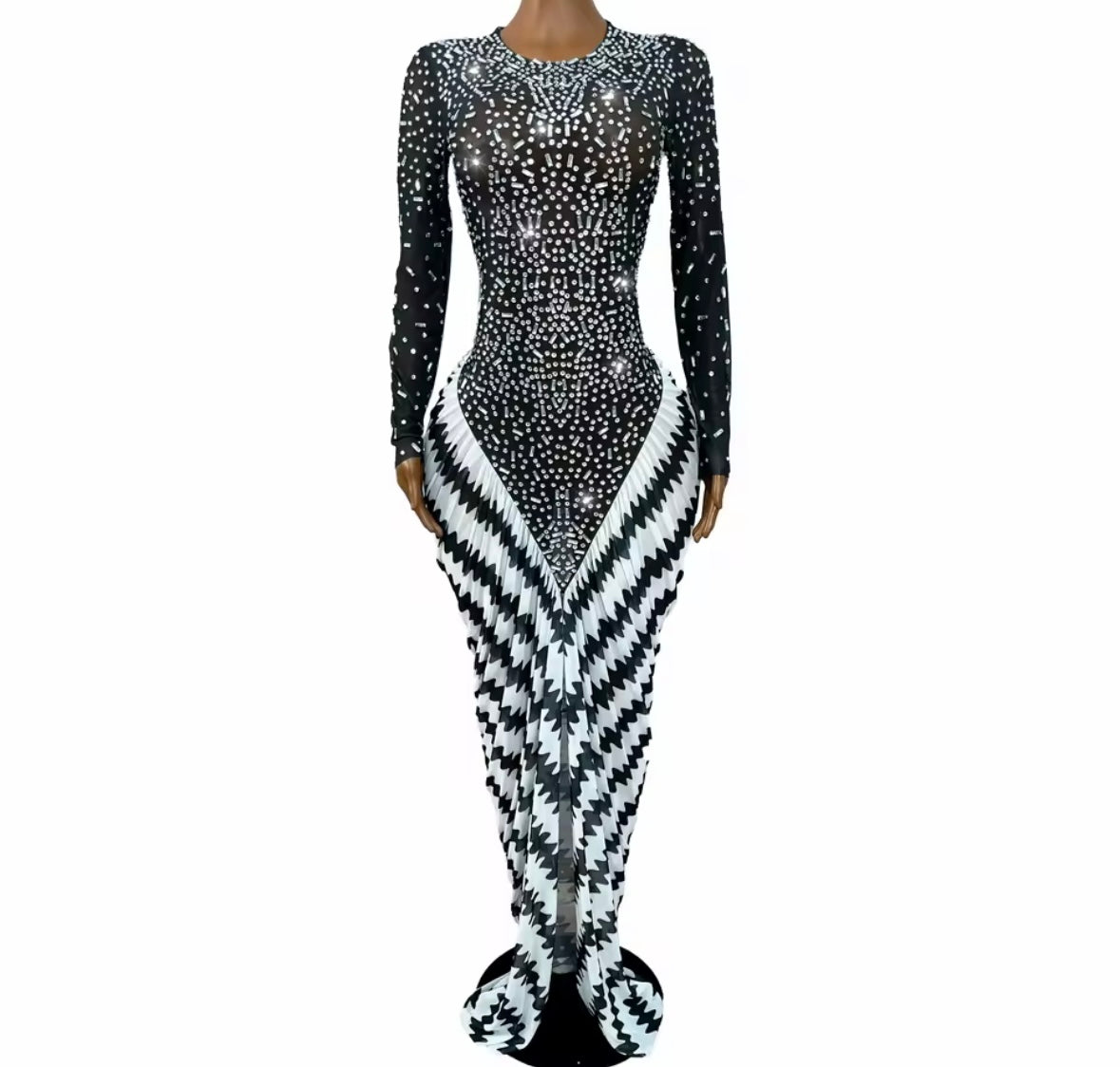 Sexy Rhinestone Full Sleeve Pleated Front Split Maxi Dress