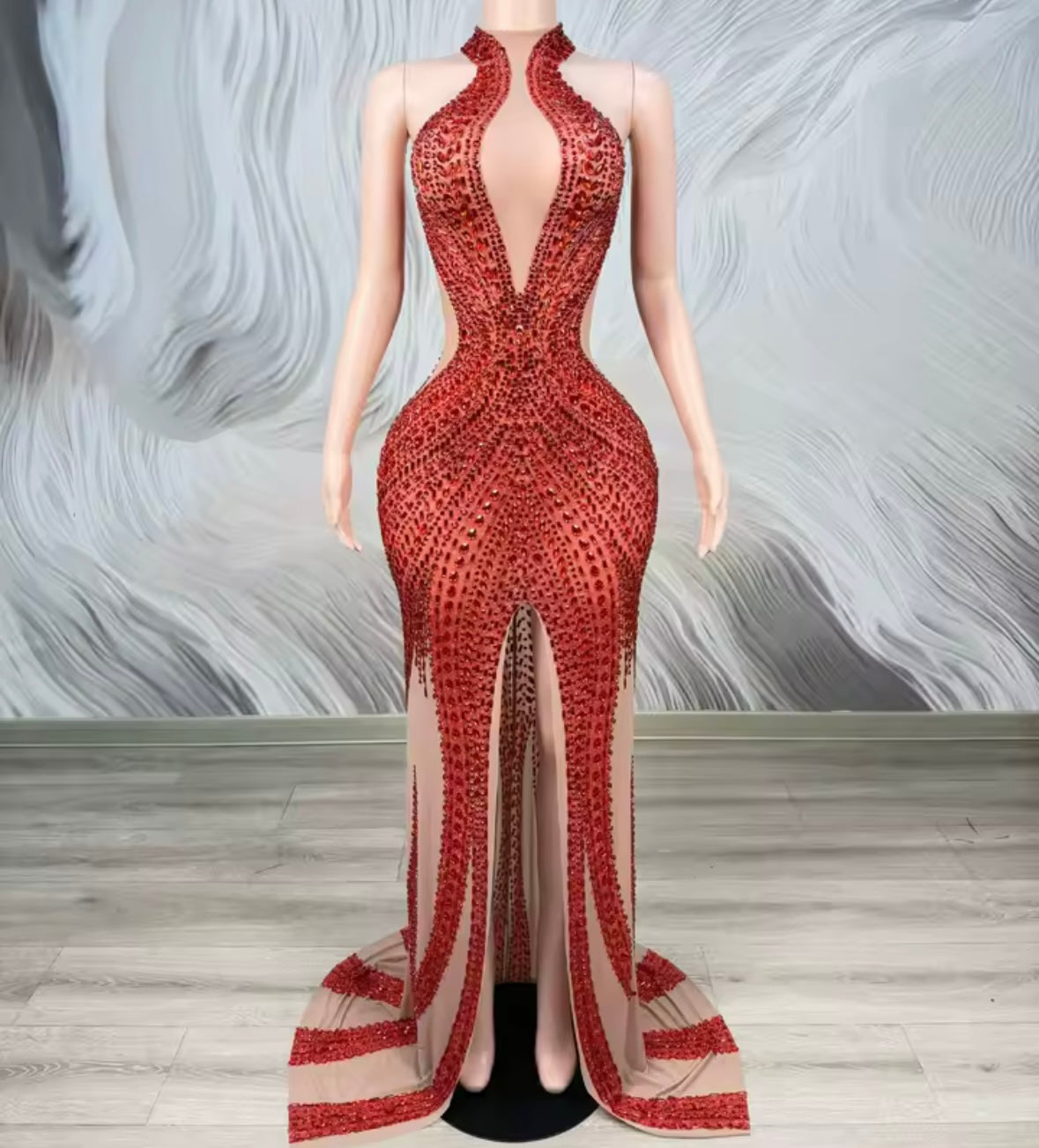 Sexy Red Halter Sleeveless Rhinestone Front Split Floor-Length Dress