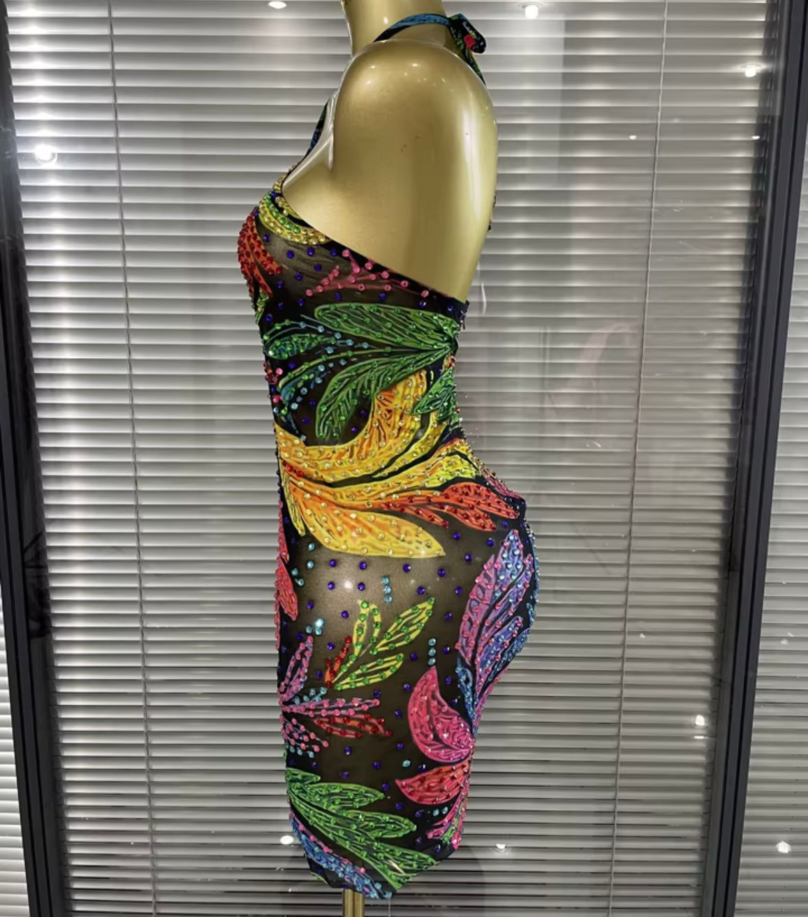 Sexy Halter Sleeveless Colorful Rhinestone Dress