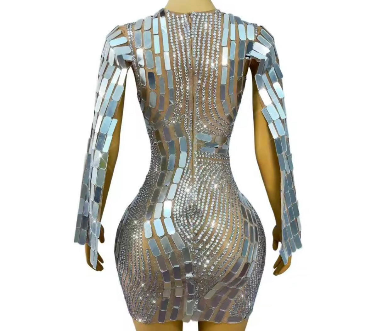 Sexy Mirror Rhinestone Full Sleeve Short Dress