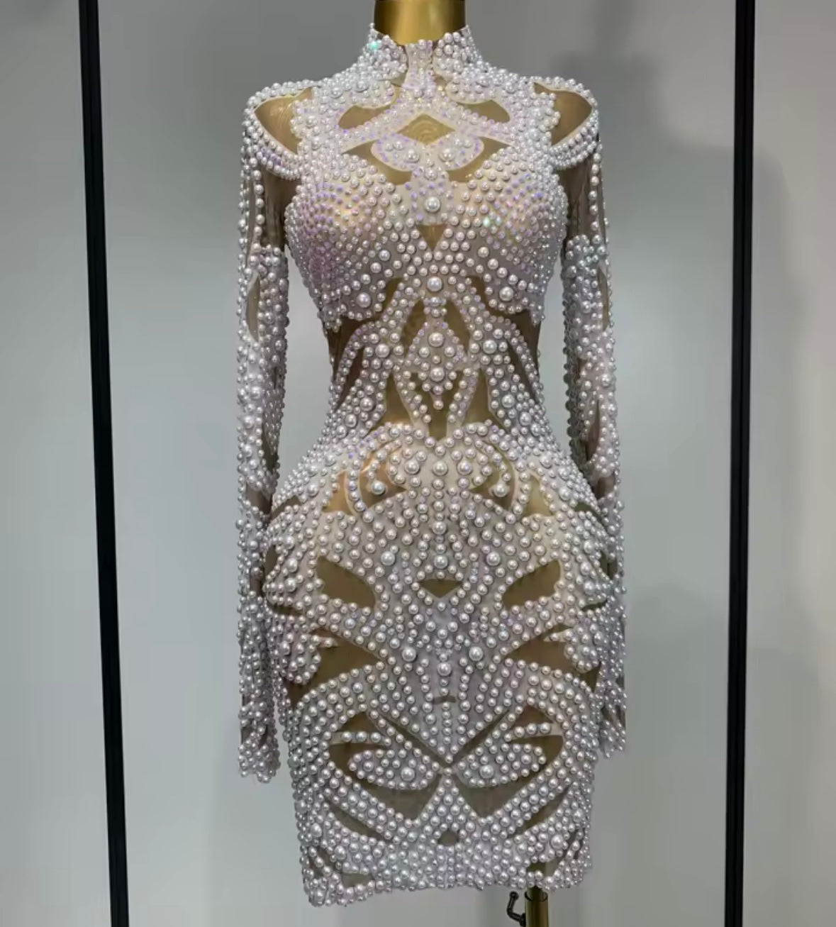 Sexy Pearl Embellishment Full Sleeve Short Dress
