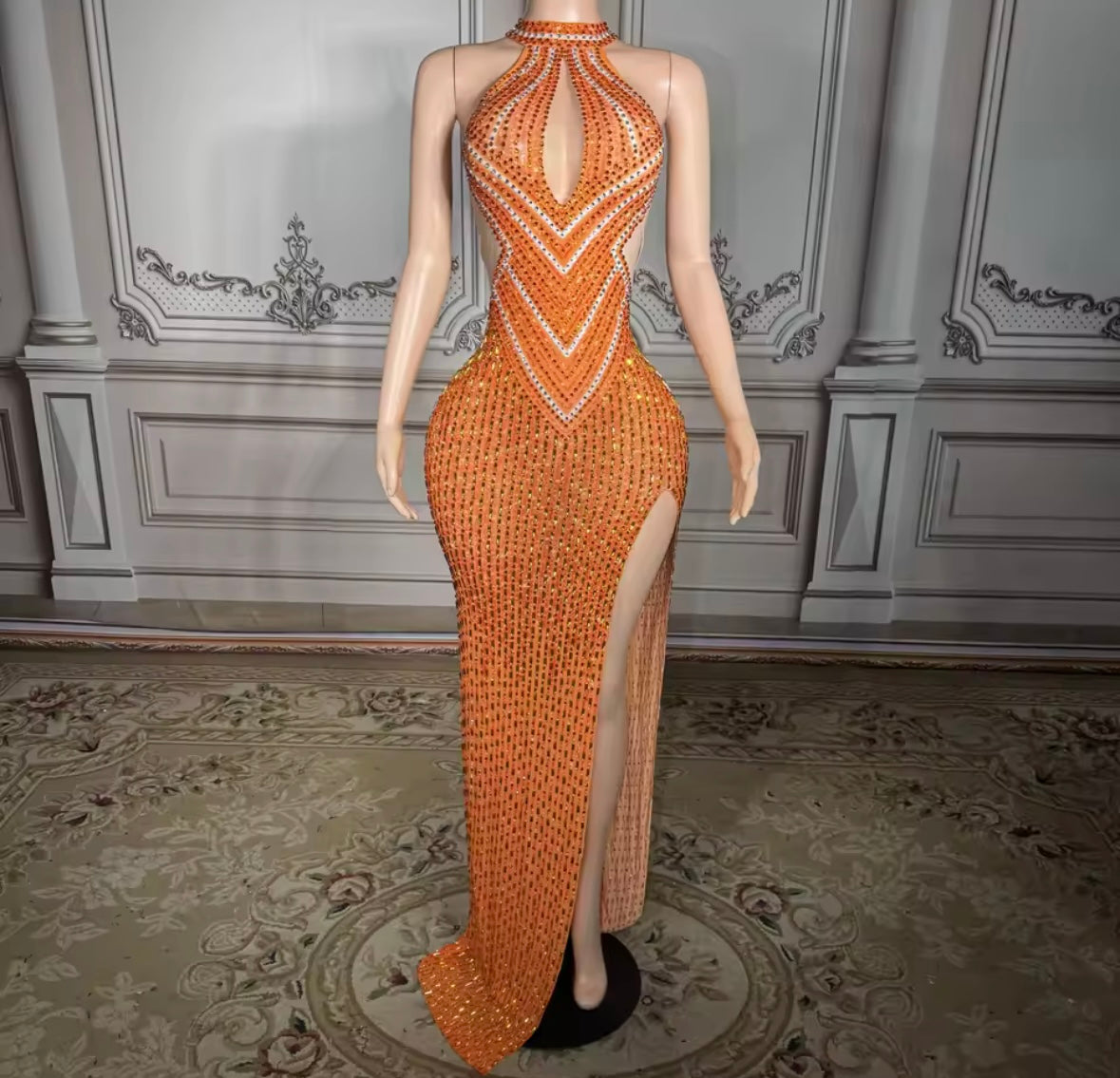 Orange Sexy Sleeveless Rhinestone Side Split Maxi Dress