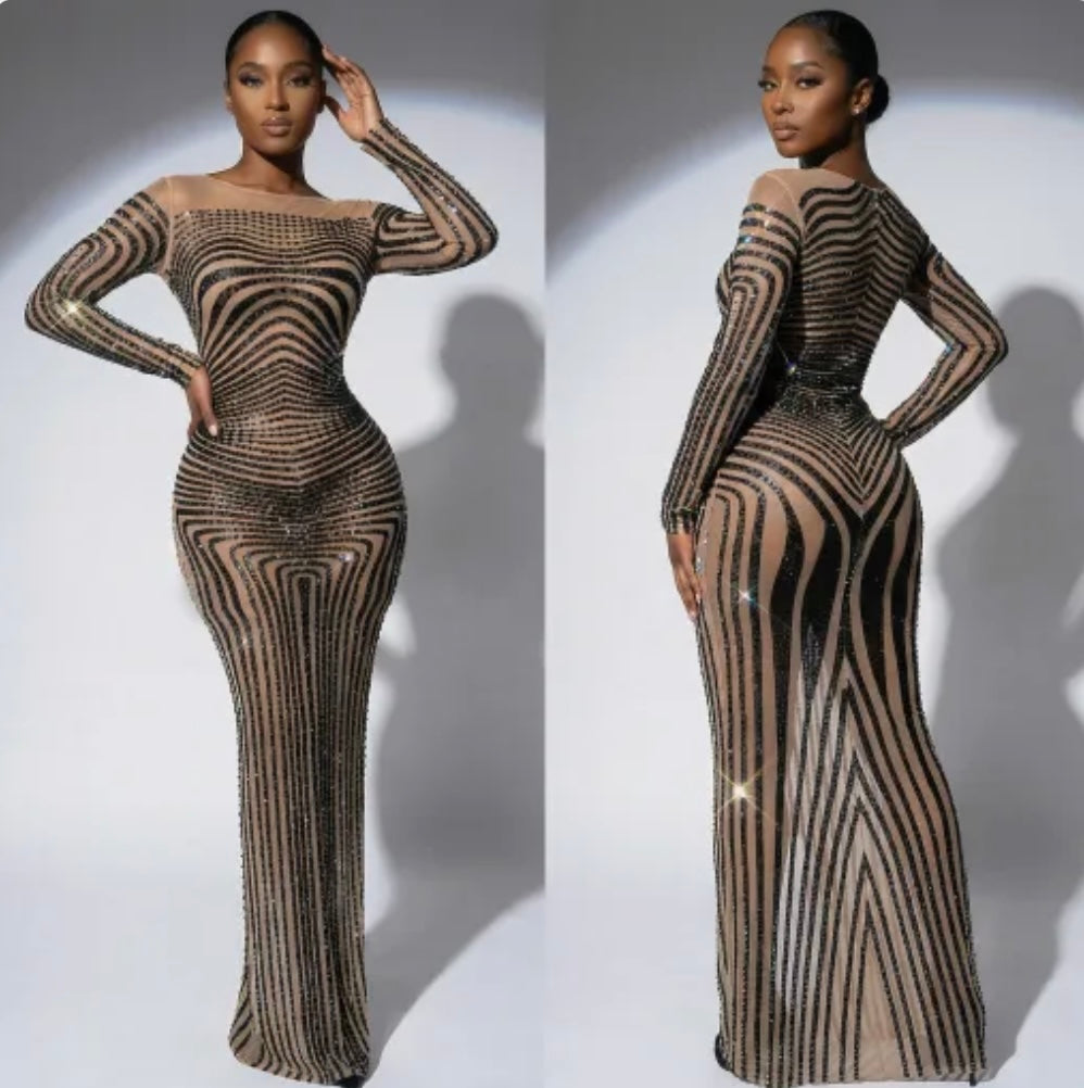 Sexy Rhinestone Striped Full Sleeve Maxi Dress