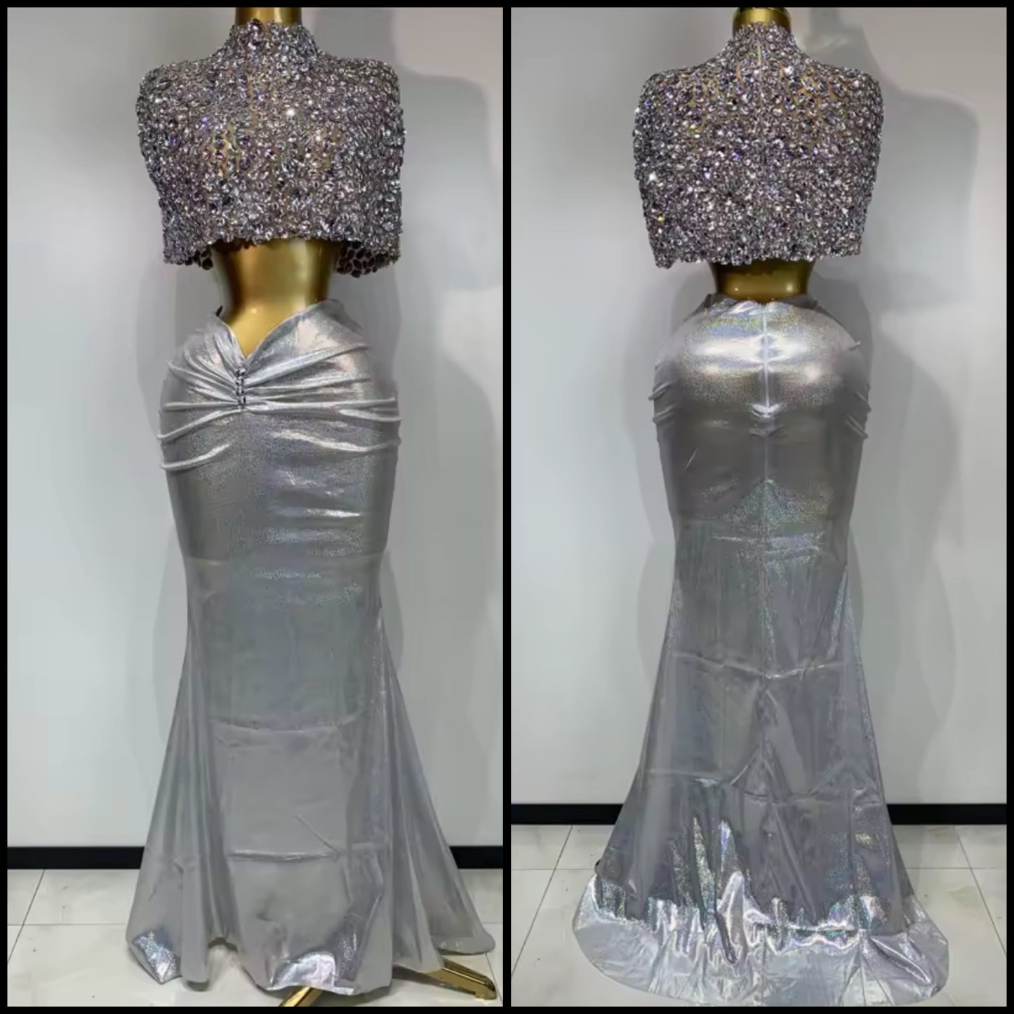 Silver Rhinestone Crop Sexy Ruched Maxi Skirt Set