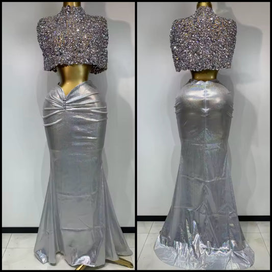 Silver Rhinestone Crop Sexy Ruched Maxi Skirt Set