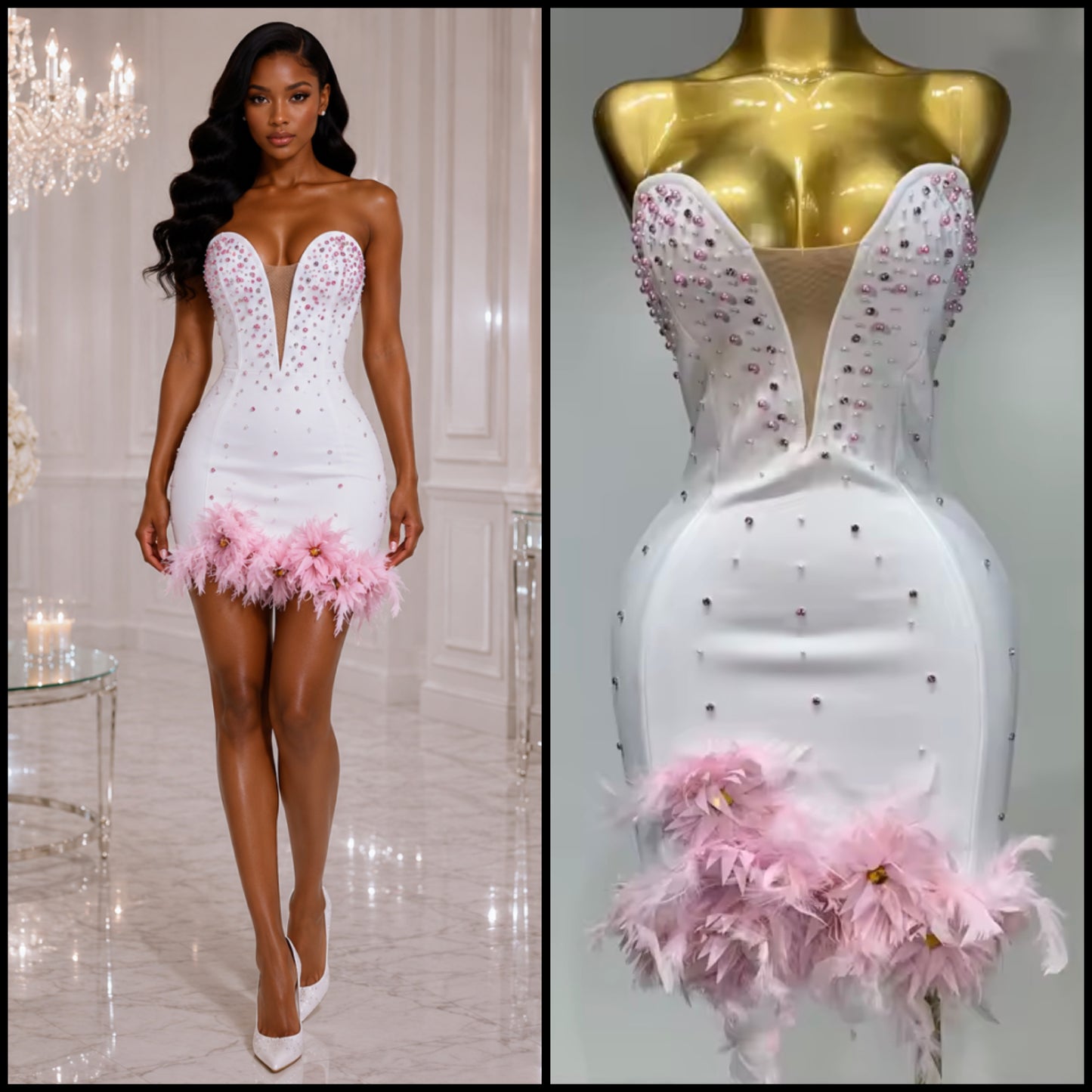 White Sexy Sleeveless Pink Rhinestone Feather Dress