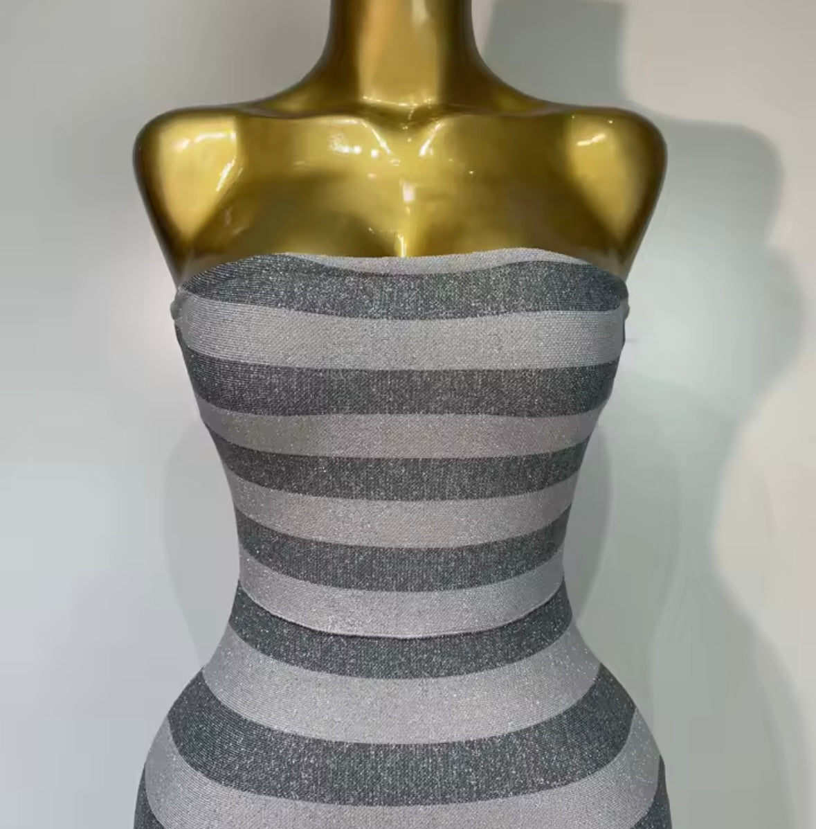 Gray Sexy Strapless Striped Bandage Floor-Length Dress