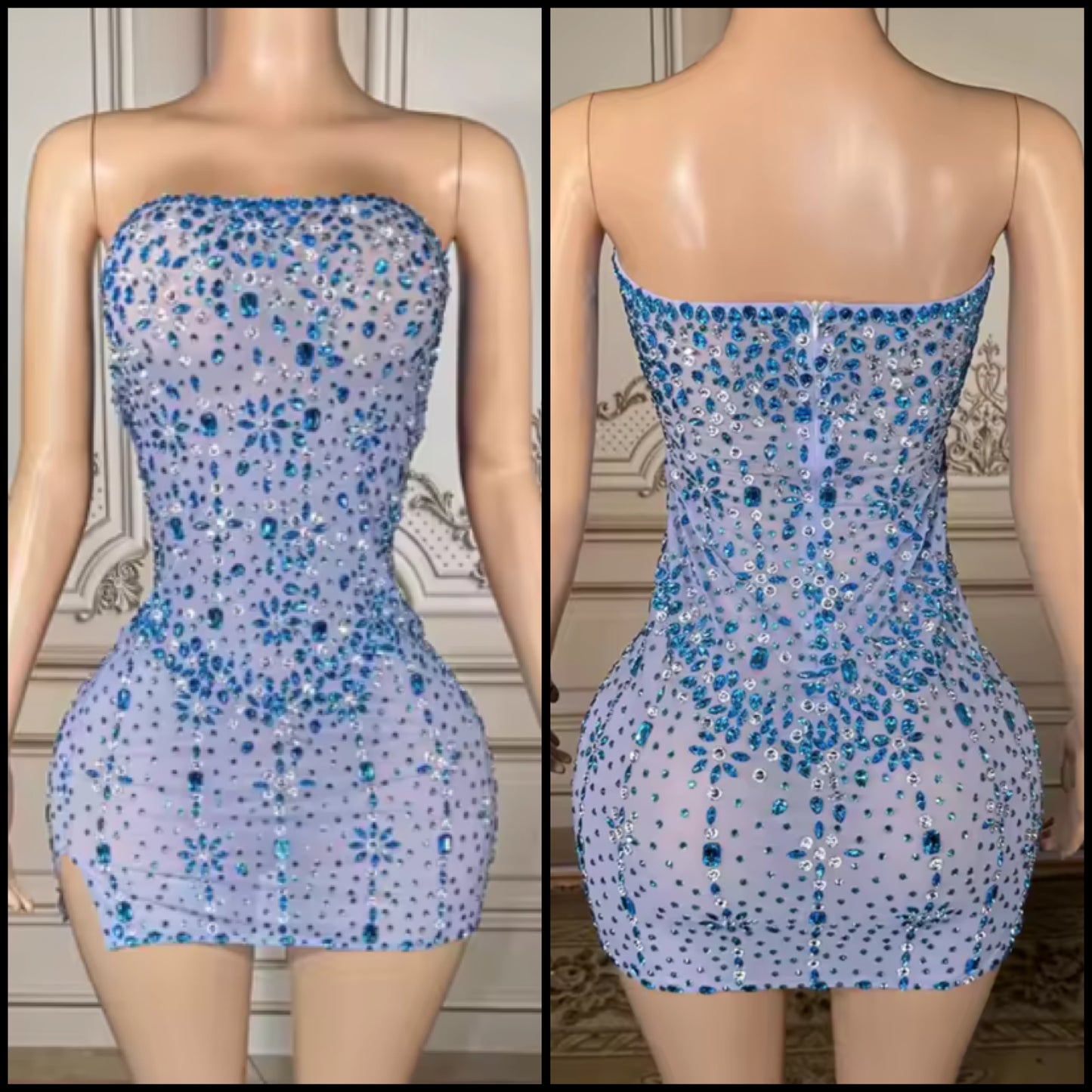 Sexy Blue Strapless Rhinestone Embellishment Short Dress