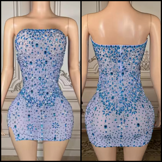 Sexy Blue Strapless Rhinestone Embellishment Short Dress