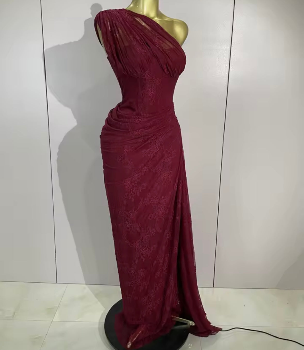 Sexy Burgundy One Shoulder Lace Side Split Maxi Dress