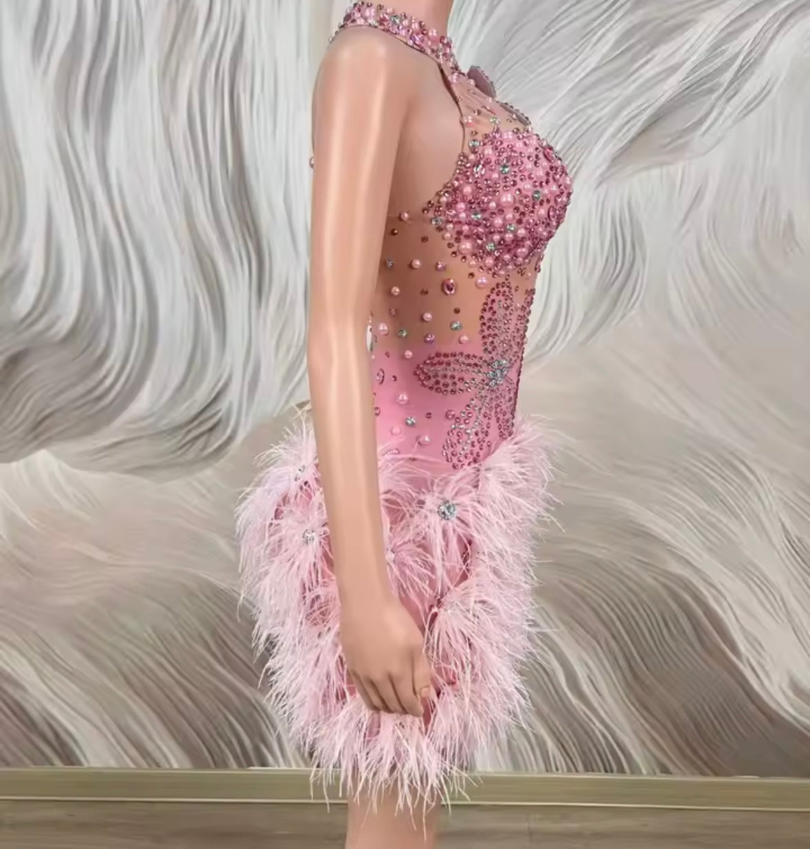Sexy Pink Sleeveless Beaded Rhinestone Feather Dress