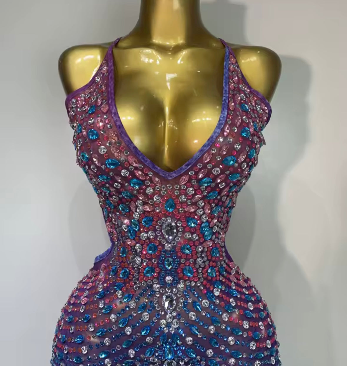 Multicolored Sexy Halter Open Back Rhinestone Side Split Maxi Dress
