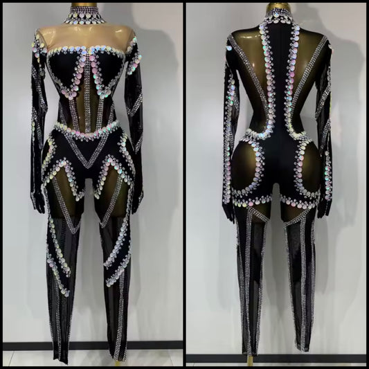 Sexy Black Sequins Crystal Choker Full Sleeve Jumpsuit