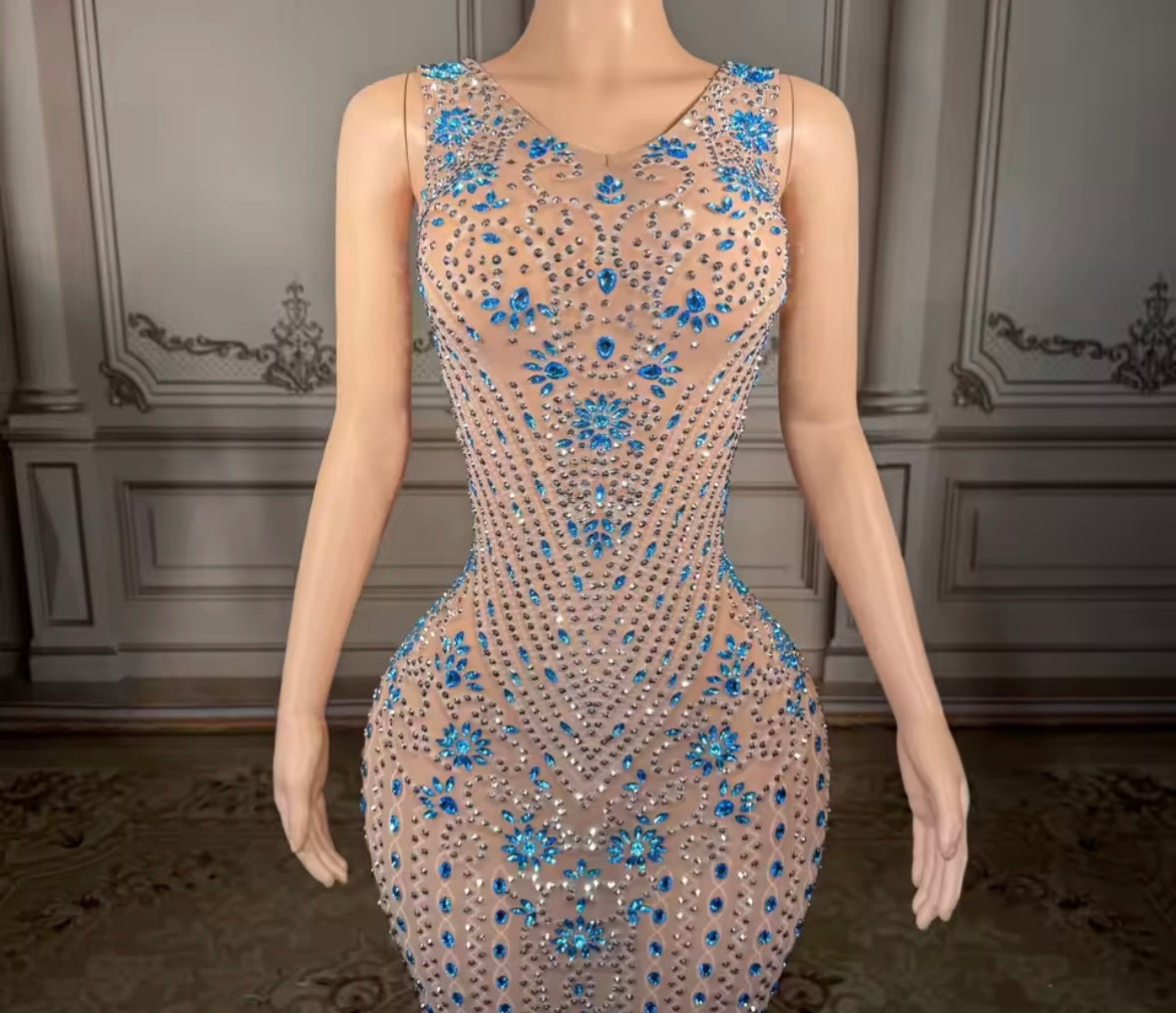 Sexy Sleeveless Blue Rhinestone Embellishment Maxi Dress