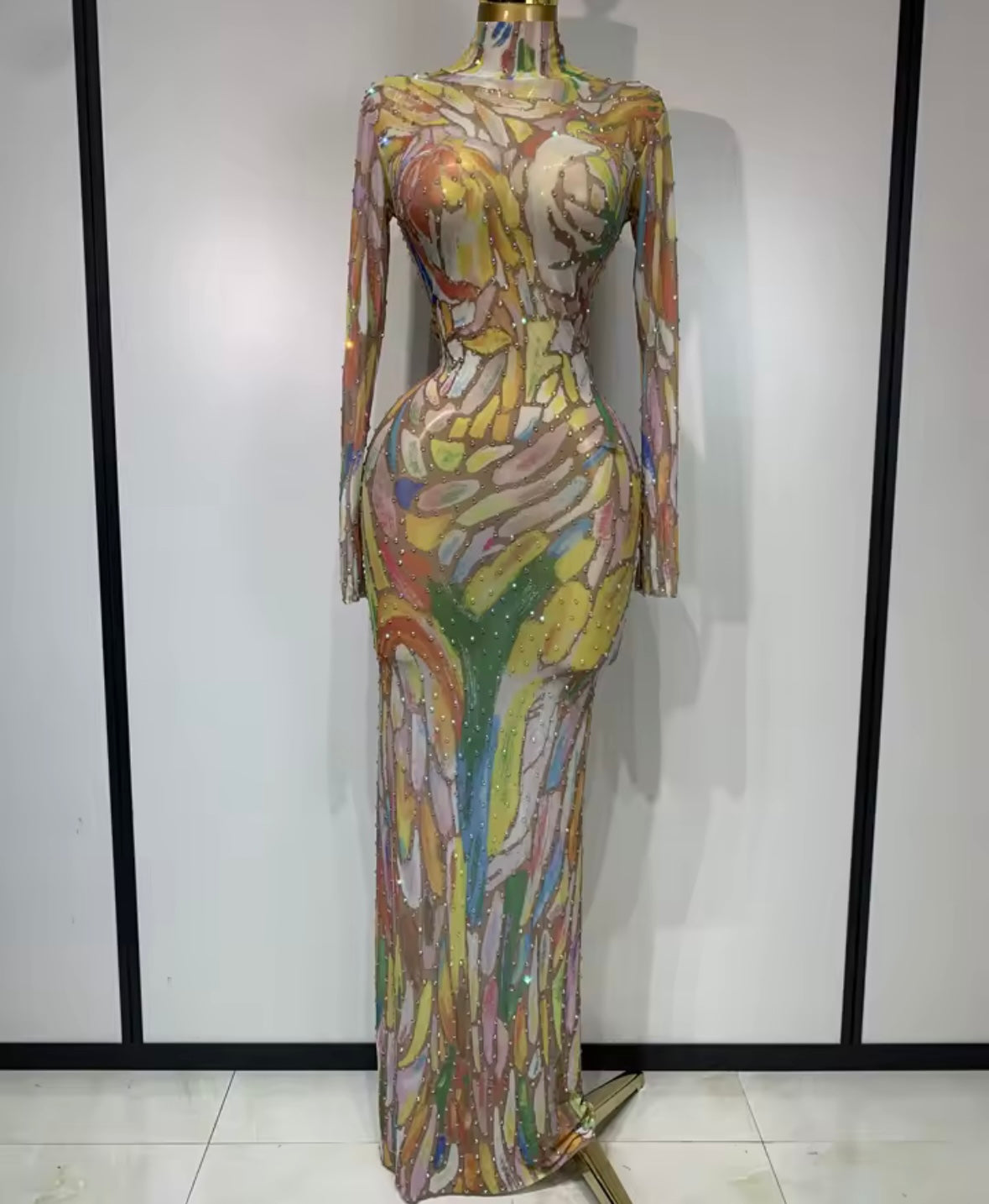 Multicolored Rhinestone Full Sleeve Floor-Length Dress