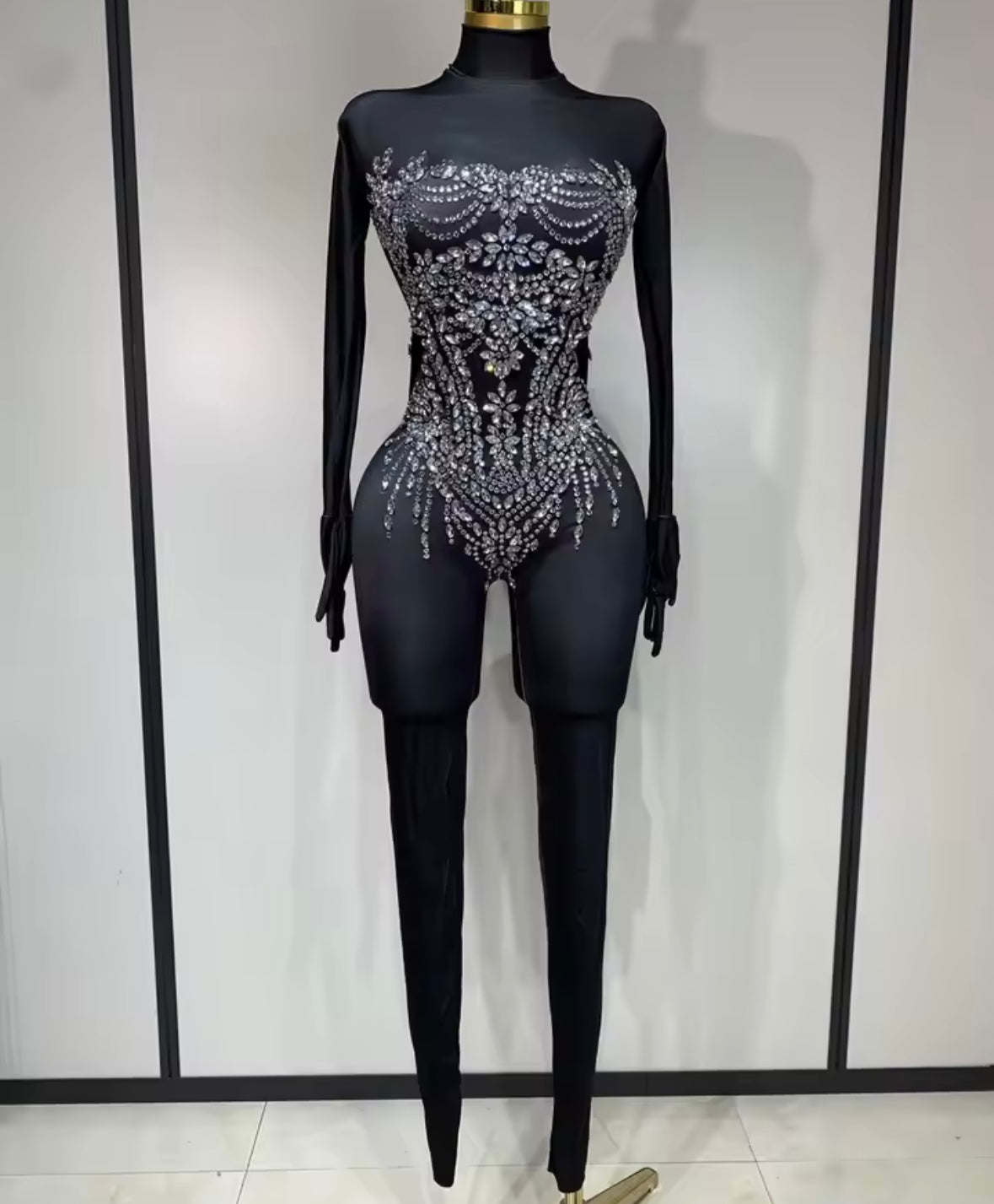 Black Rhinestone Embellishment Sexy Glove Full Sleeve Jumpsuit