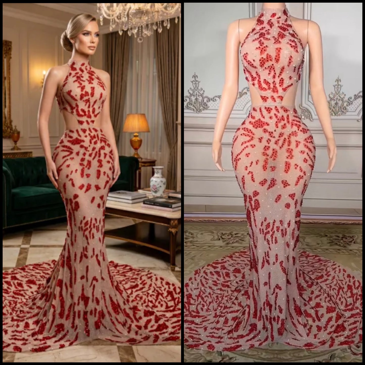Sexy Halter Rhinestone See Through Mermaid Dress