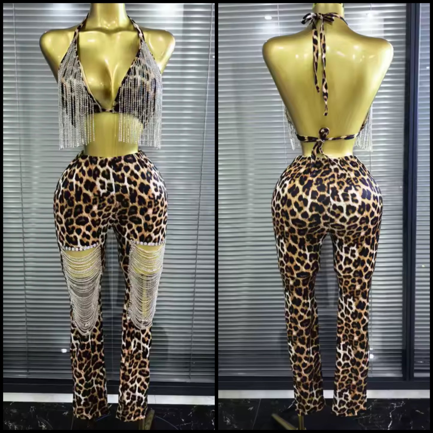 Sexy Halter Sleeveless Leopard Rhinestone Tassel Pant Set