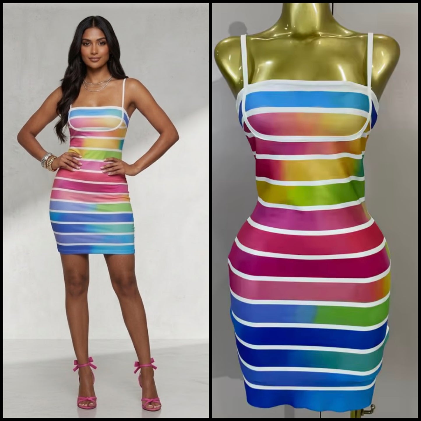 Sexy Sleeveless Multicolored Striped Bandage Dress