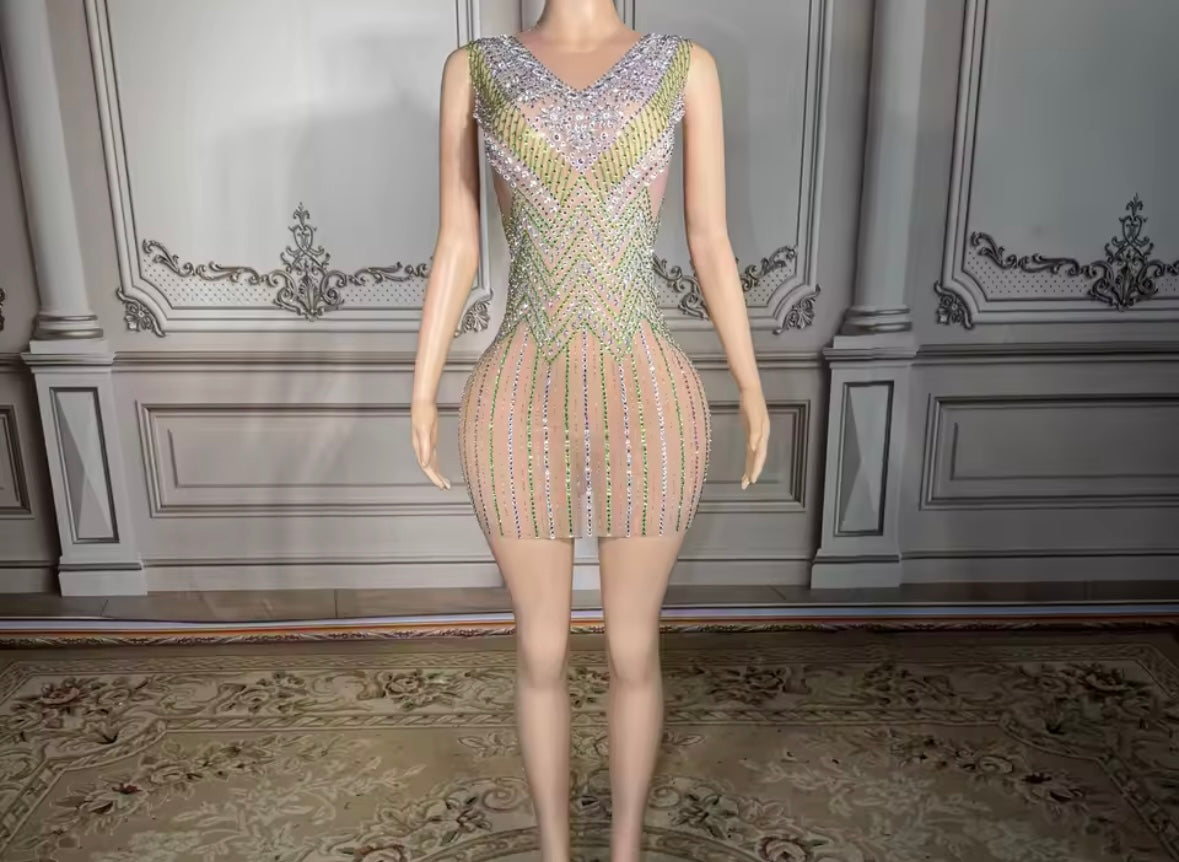 Sexy Sleeveless See Through Rhinestone Embellishment Dress