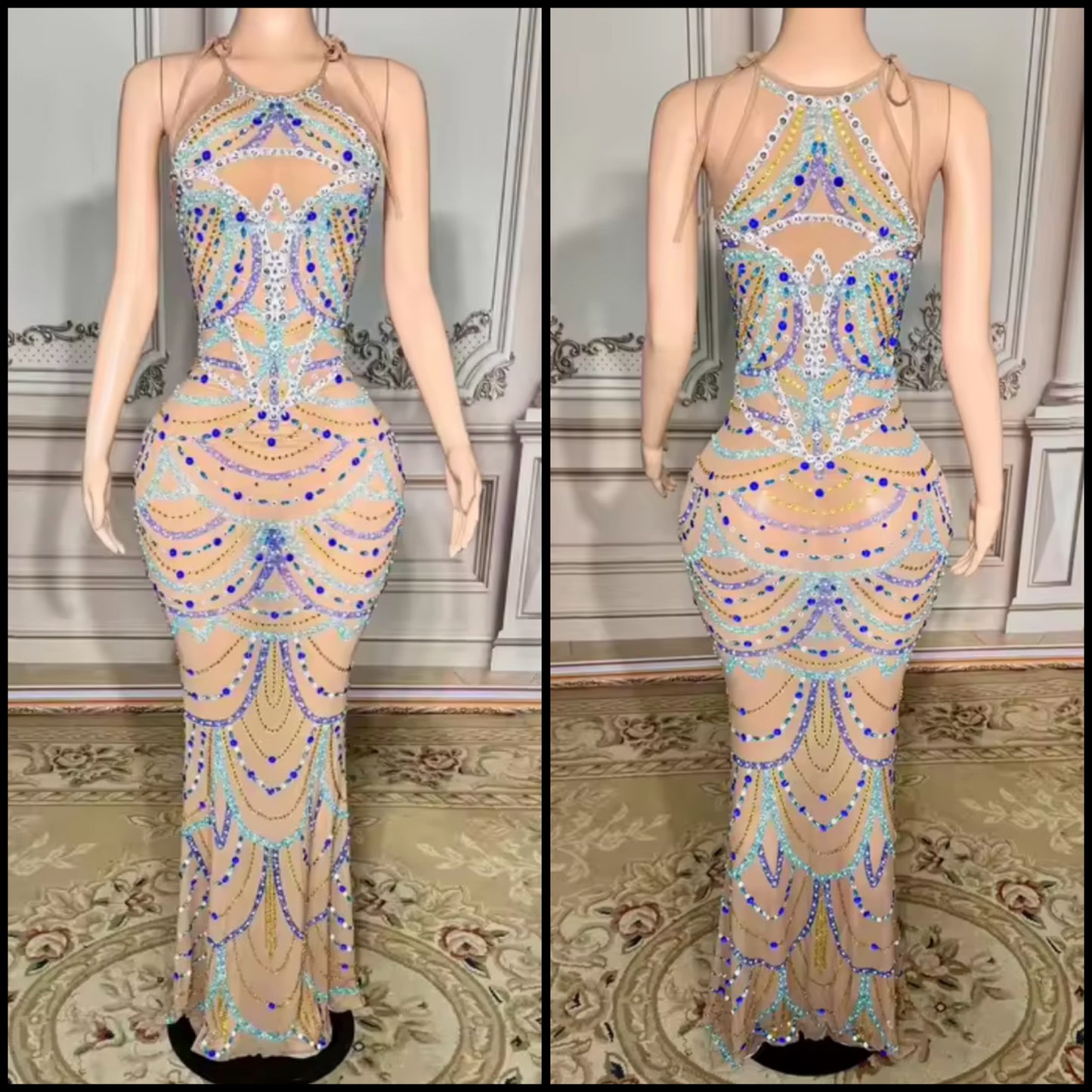 Sexy Halter Sleeveless Beaded Rhinestone Maxi Dress