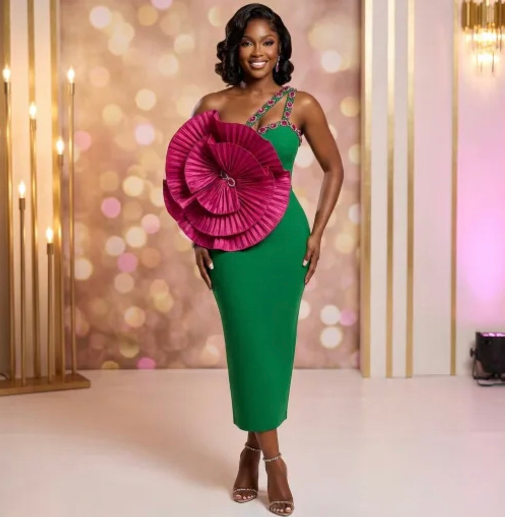 Green Elegant Crystal Floral Sleeveless Dress