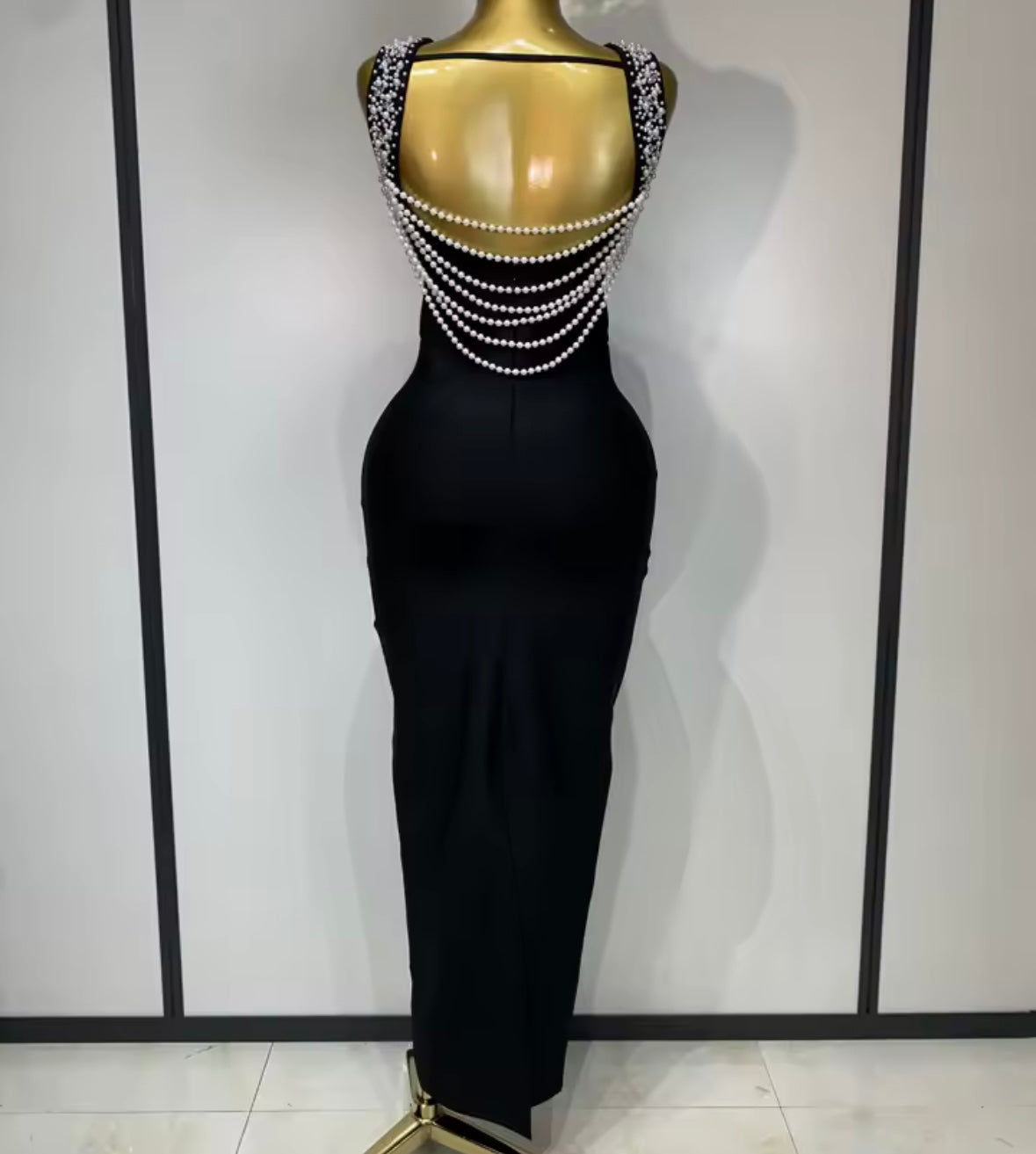 Sexy Sleeveless Rhinestone Pearl Open Back Maxi Dress