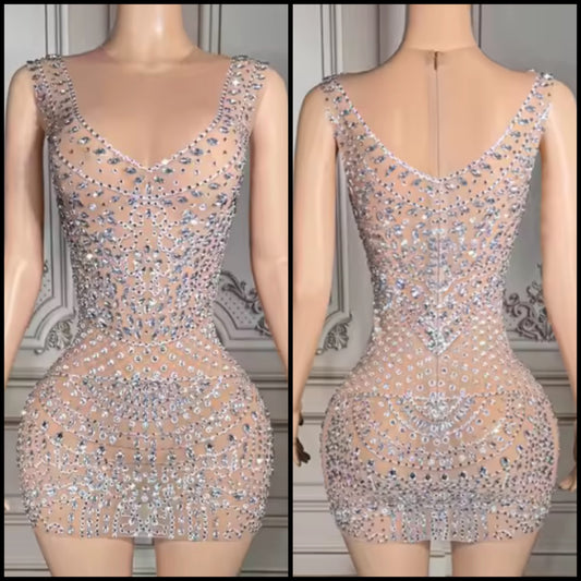 Sexy Sleeveless See Through Rhinestone Embellishment Dress