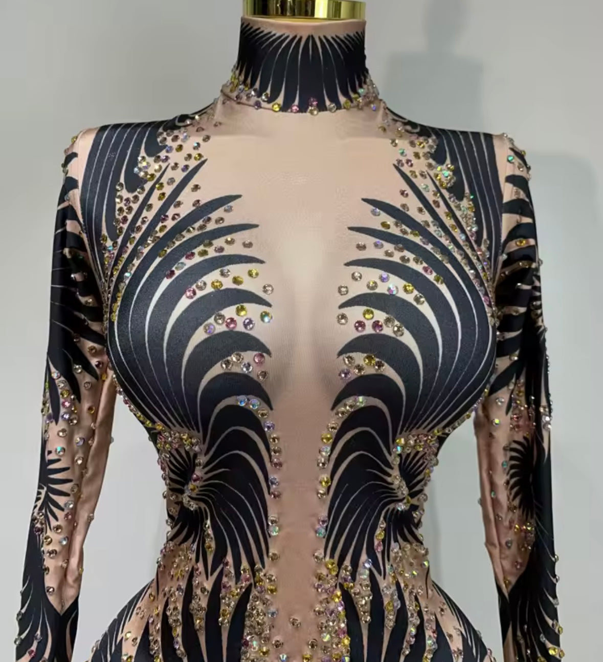 Sexy Rhinestone Embellishment Printed Full Sleeve Jumpsuit