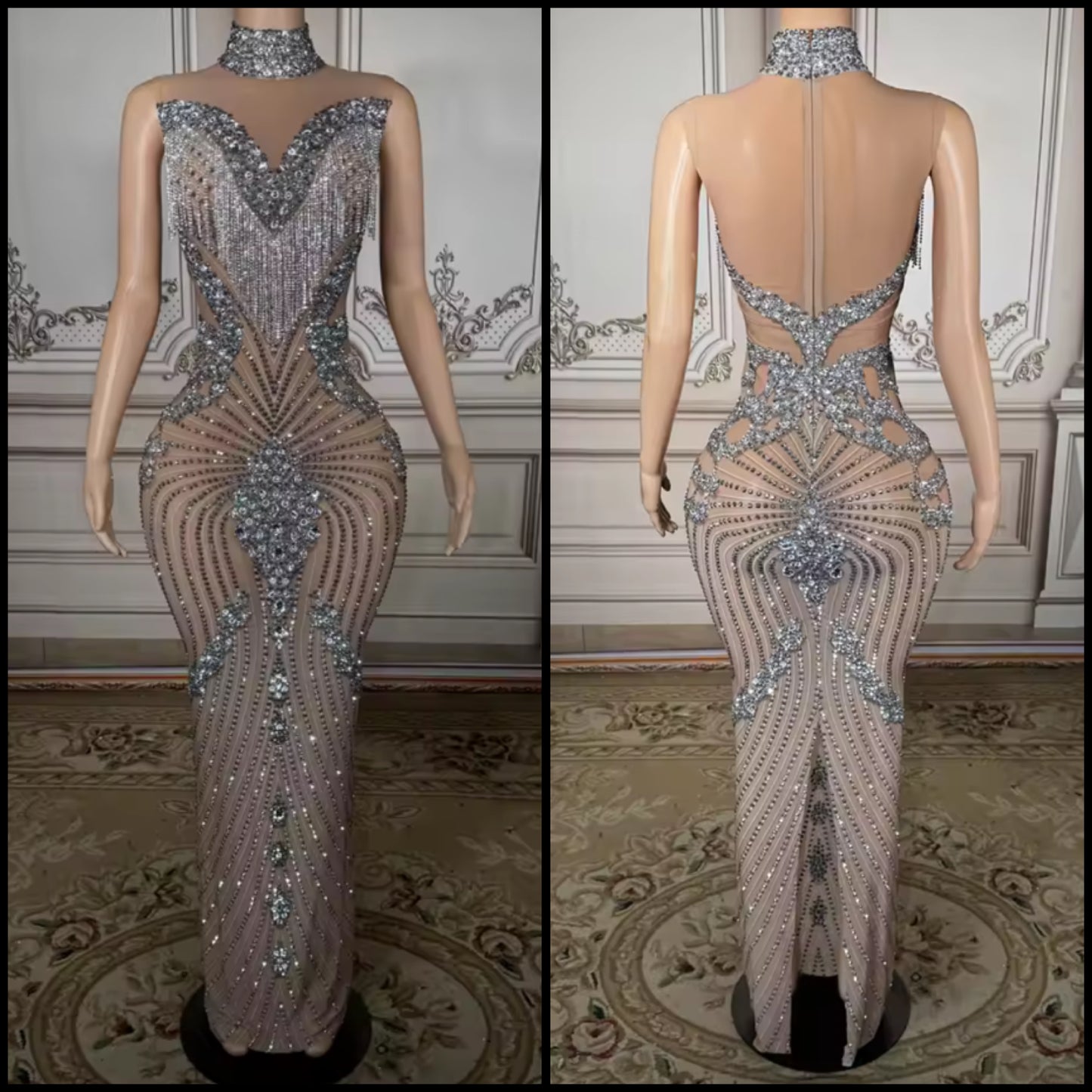 Sexy Sleeveless Rhinestone Tassel See Through Maxi Dress