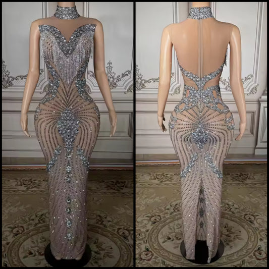 Sexy Sleeveless Rhinestone Tassel See Through Maxi Dress