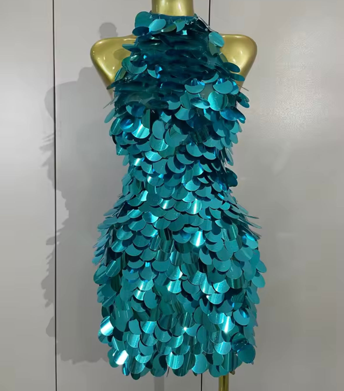 Sexy Blue Halter Sleeveless Open Back Sequins Dress