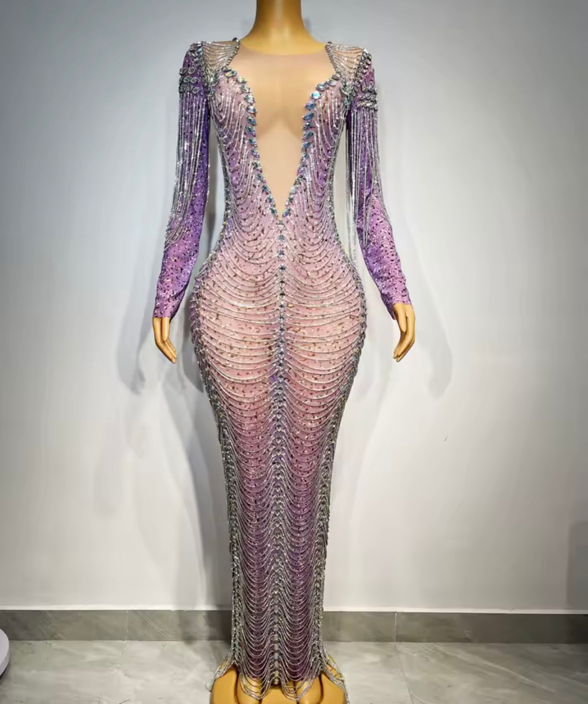Sexy Purple Rhinestone Chain Full Sleeve Maxi Dress