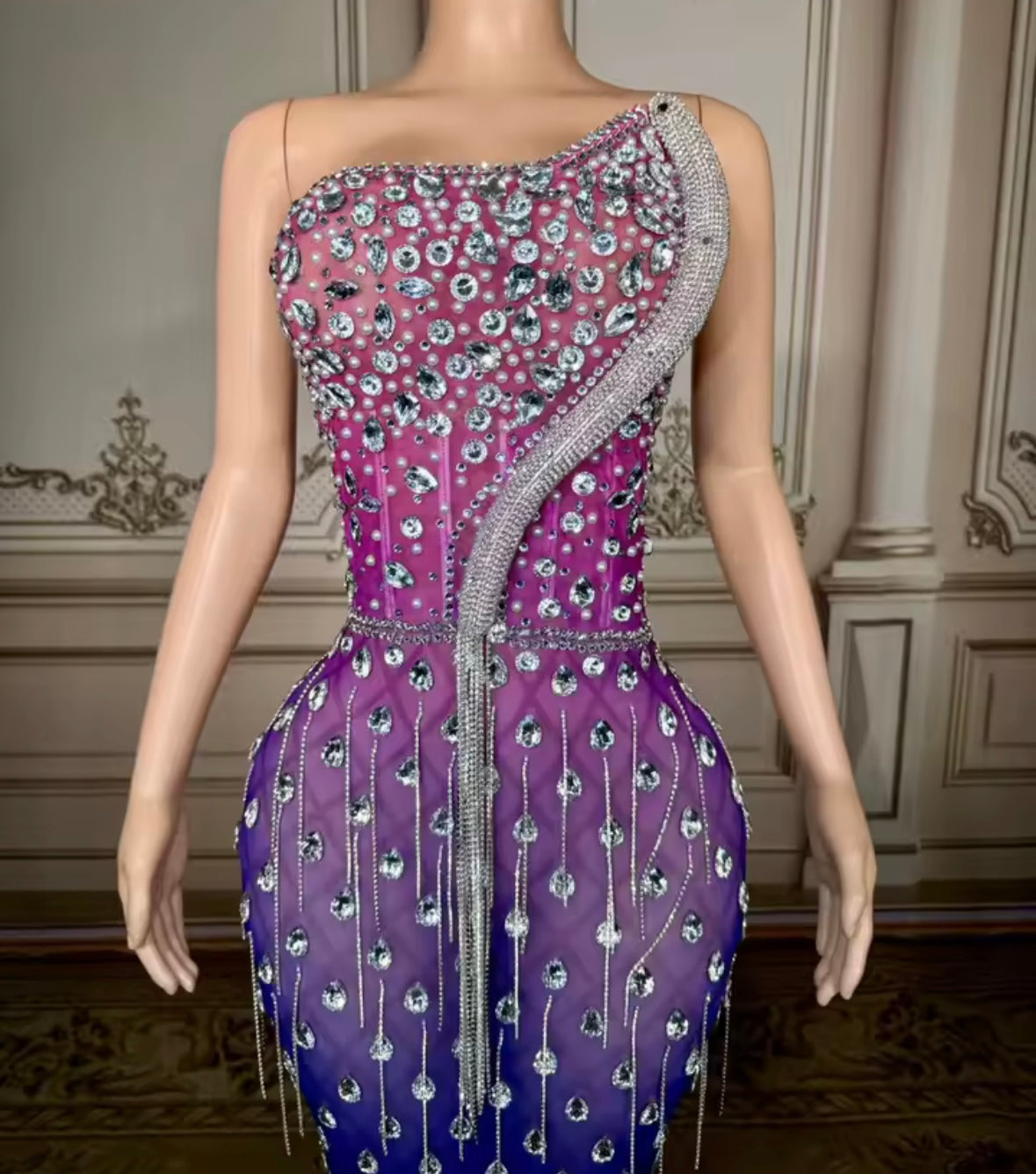 Sexy Strapless Gradient Rhinestone Tassel Maxi Dress