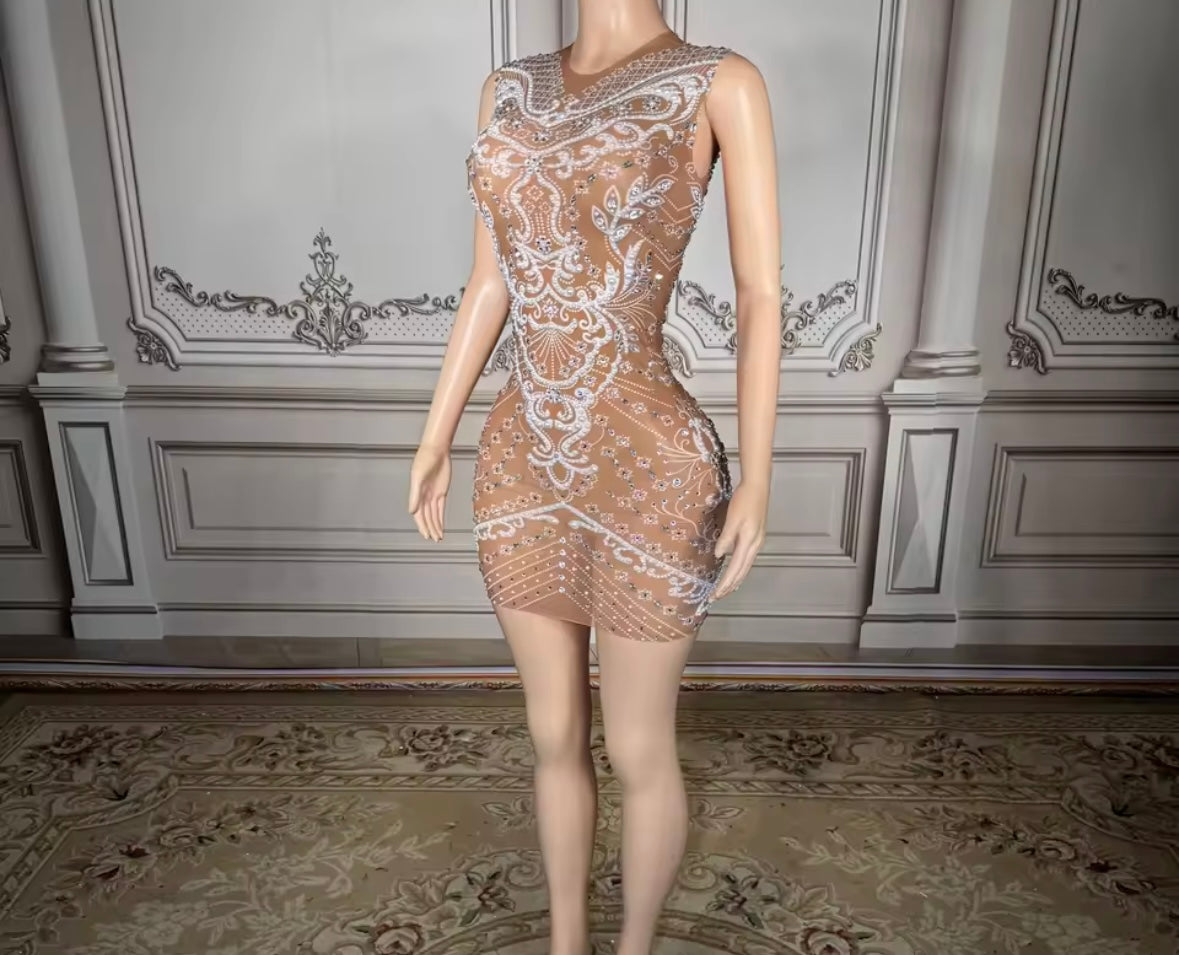 Sexy Sleeveless Rhinestone Printed See Through Dress