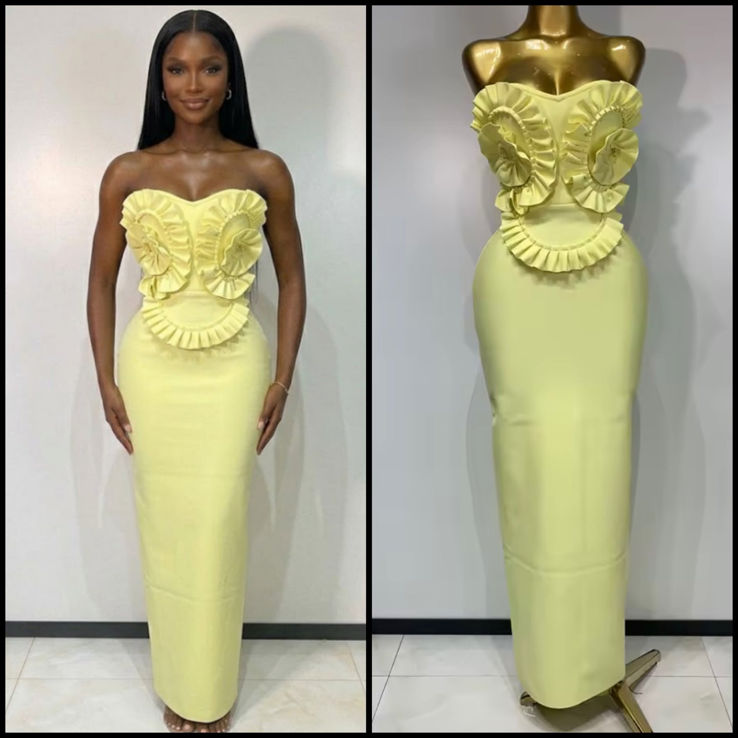 Yellow Ruffle Floral Strapless Sexy Maxi Dress