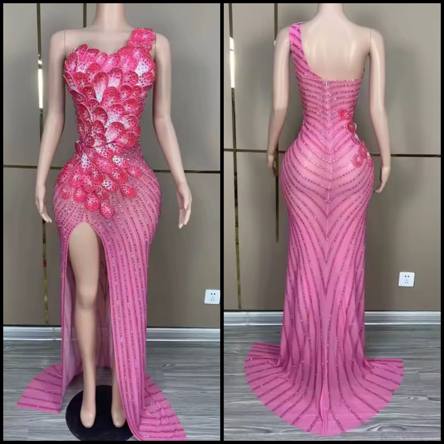 Pink Sexy Sleeveless Floral Rhinestone Floor-Length Dress