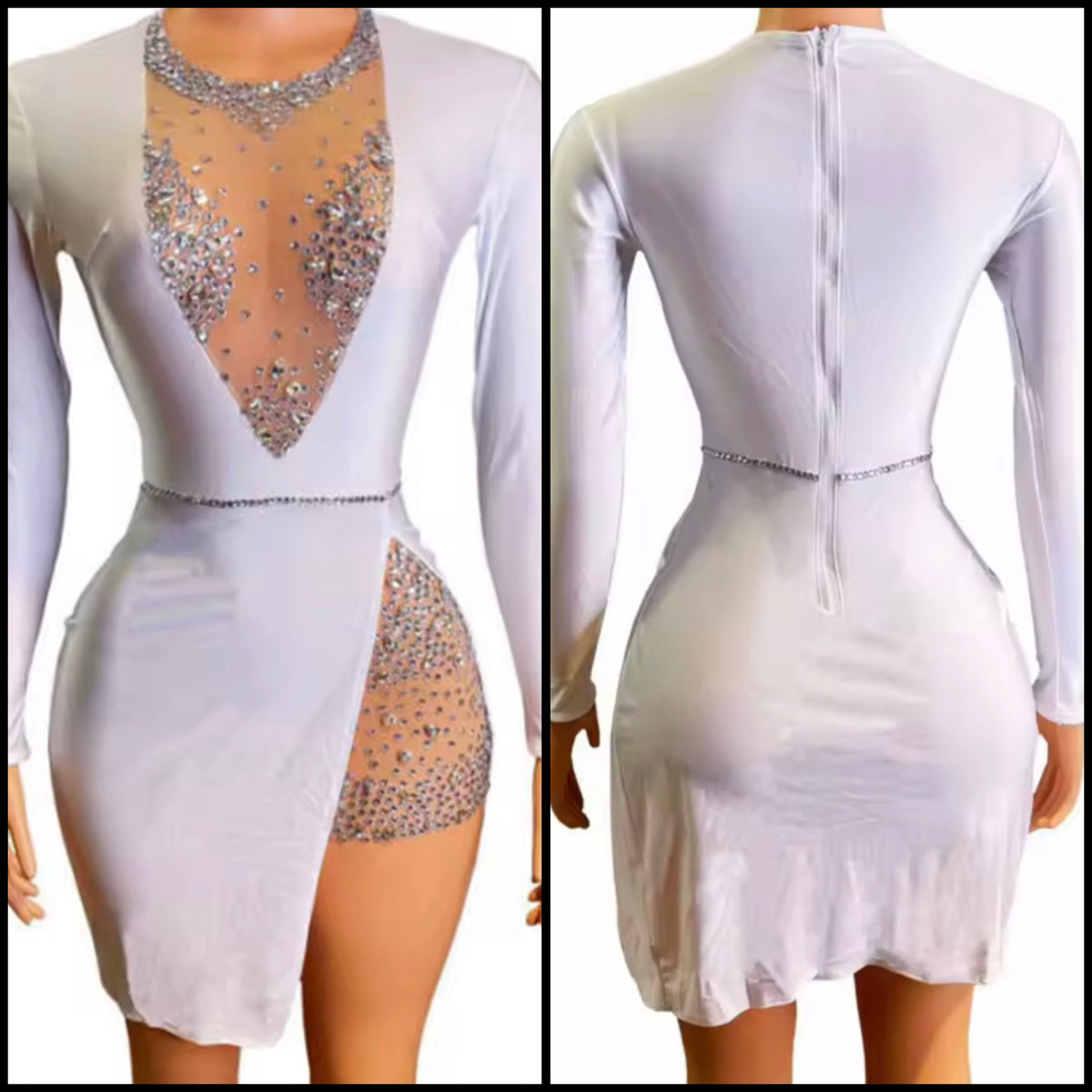 Sexy White Rhinestone Full Sleeve Dress