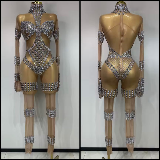 Nude Rhinestone Embellishment Full Sleeve Sexy Jumpsuit