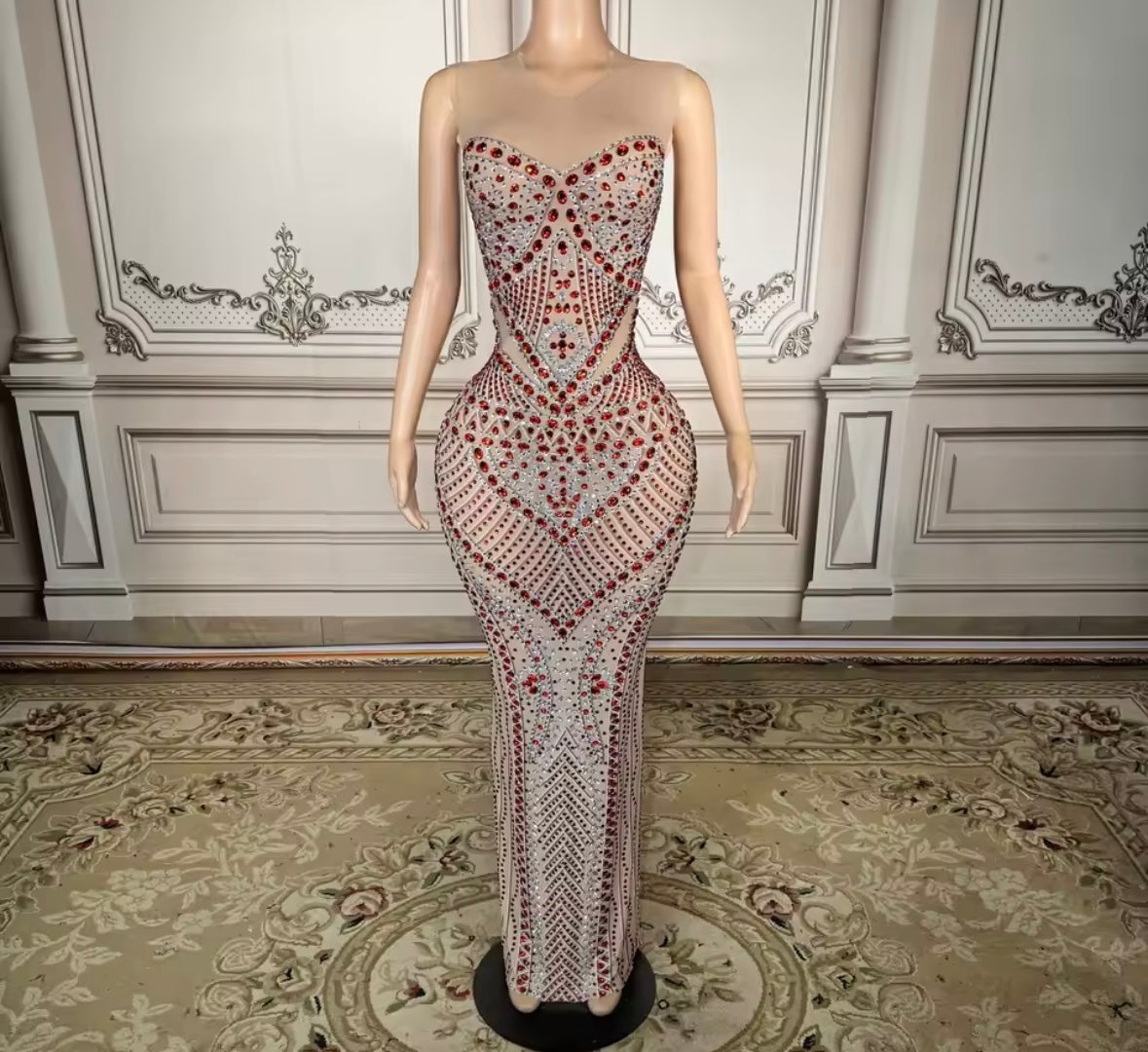 Color Rhinestone Embellishment Sleeveless Sexy Maxi Dress