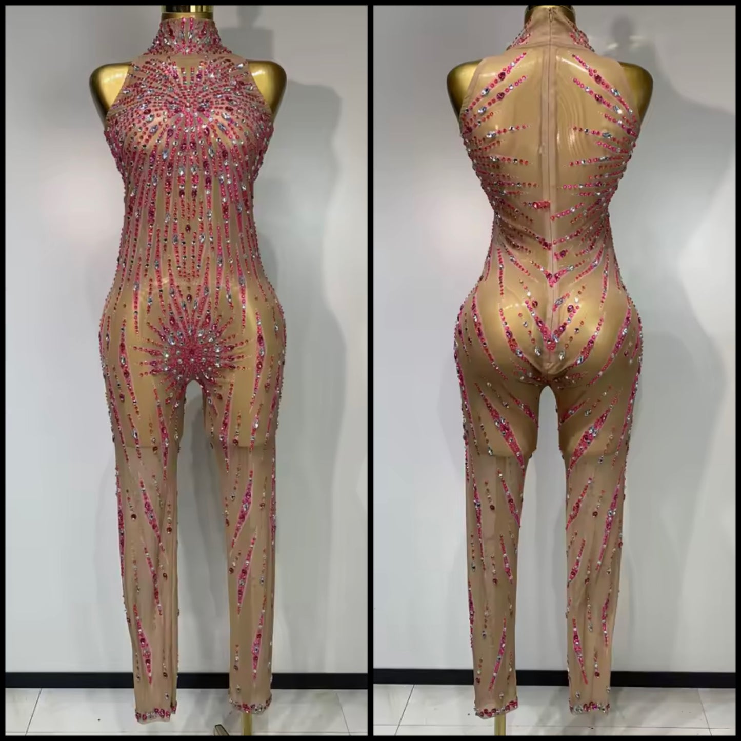 Sleeveless Color Rhinestone Sexy Mesh Jumpsuit