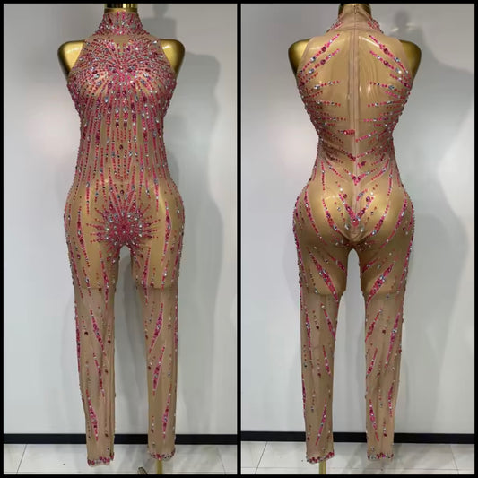 Sleeveless Color Rhinestone Sexy Mesh Jumpsuit
