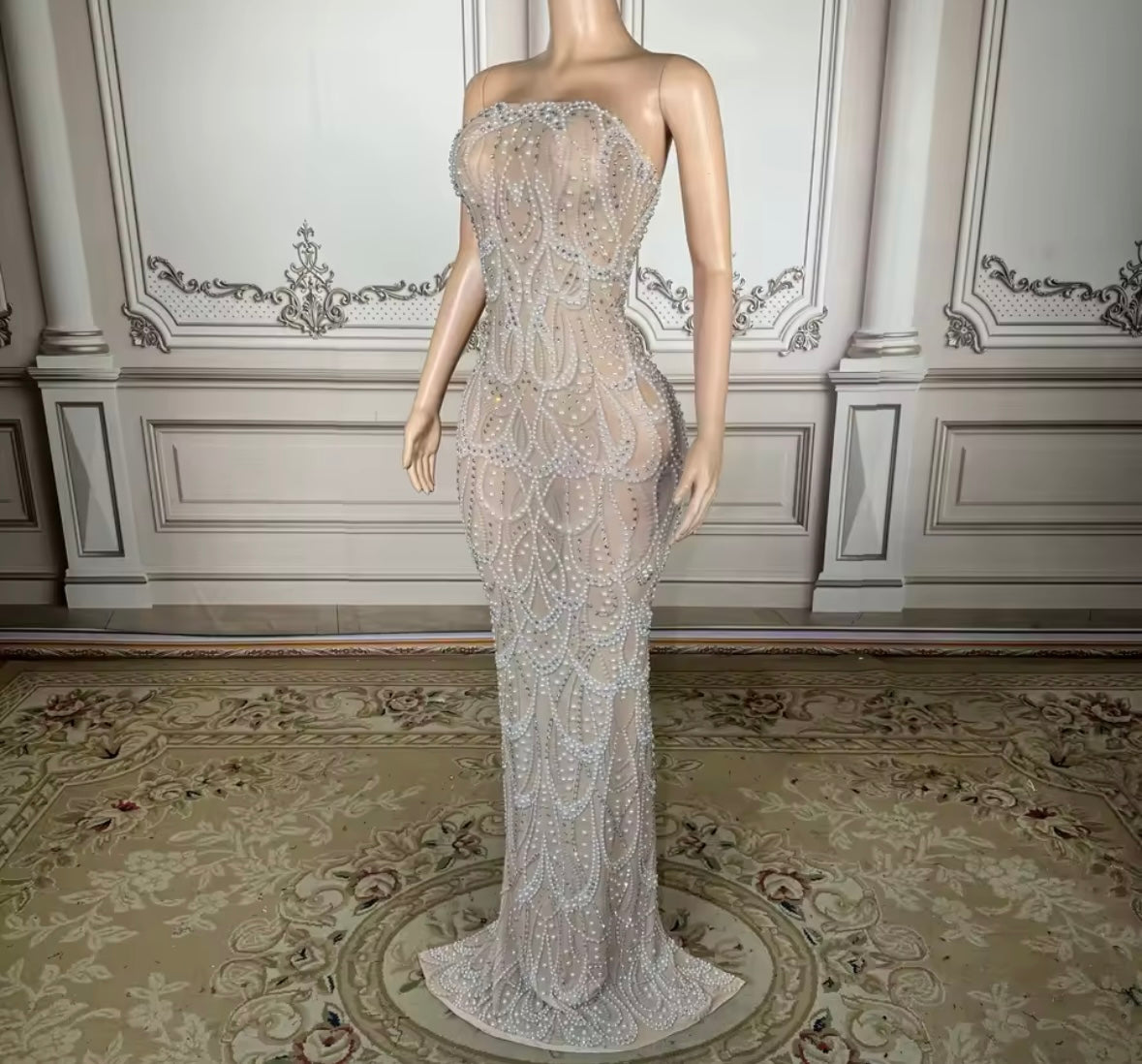 Sexy Strapless Beaded Rhinestone Floor-Length Dress